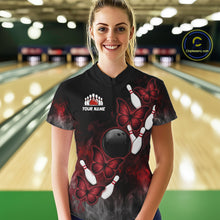 Load image into Gallery viewer, Black And Red Custom Butterfly Bowling Shirt For Women, Bowling Team Jersey Polo &amp; Quarter Zip Shirt TDM6179