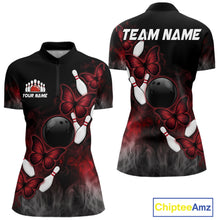 Load image into Gallery viewer, Black And Red Custom Butterfly Bowling Shirt For Women, Bowling Team Jersey Polo &amp; Quarter Zip Shirt TDM6179