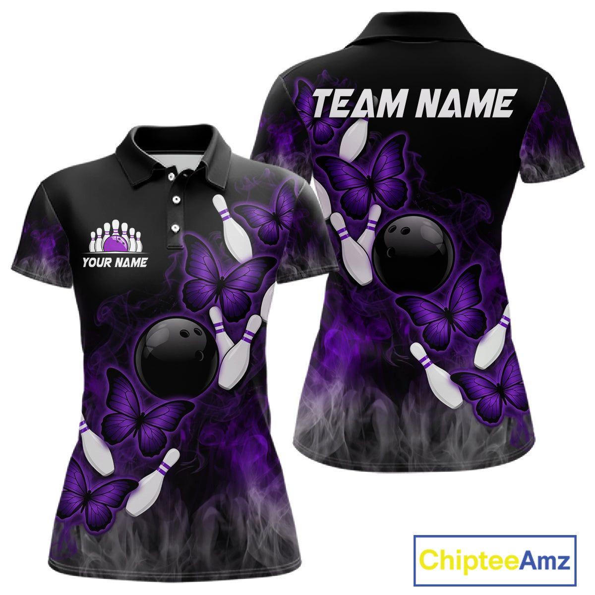 Black And Purple Custom Butterfly Bowling Shirt For Women, Bowling Team Jersey Polo & 1/4 Zip Shirt TDM6180