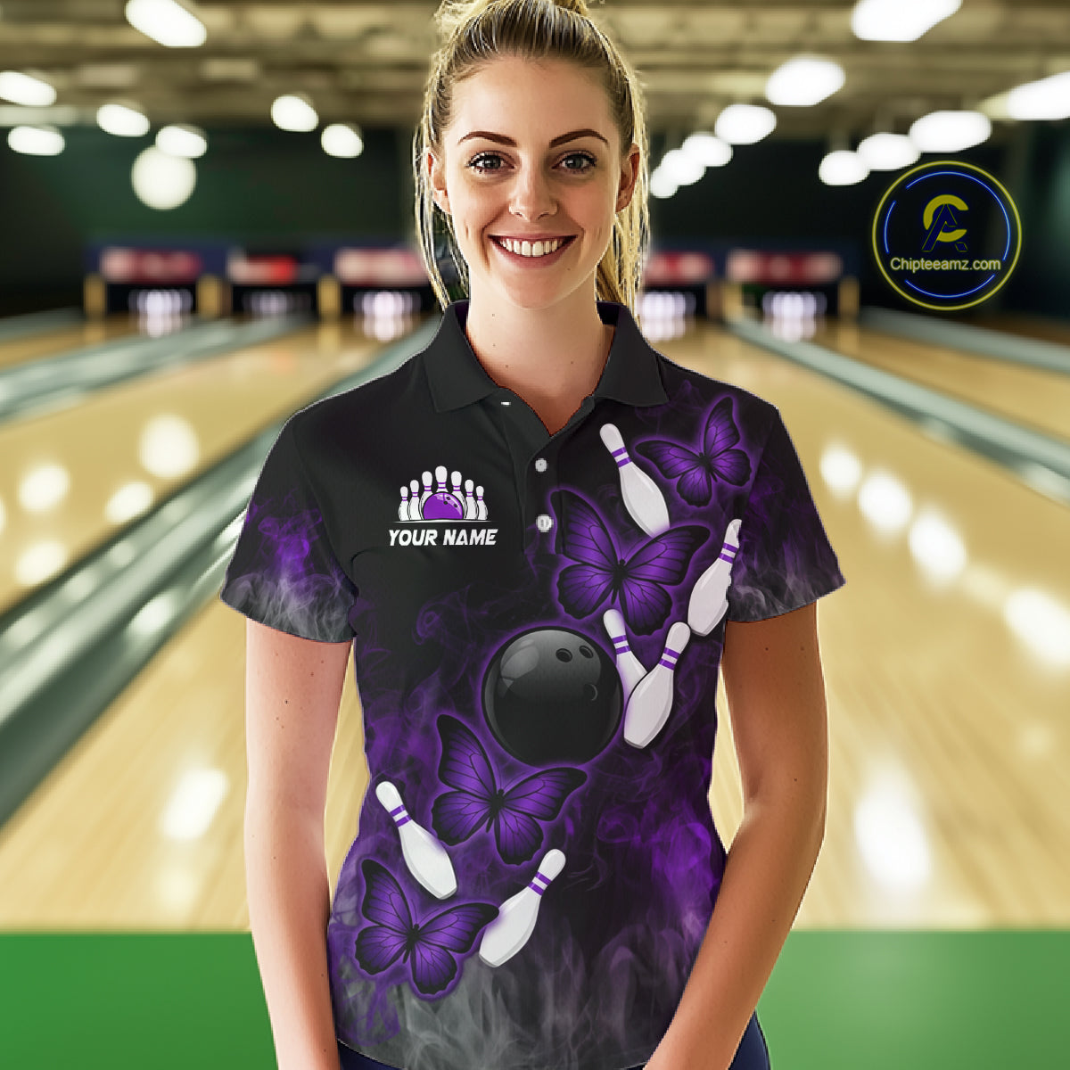 Black And Purple Custom Butterfly Bowling Shirt For Women, Bowling Team Jersey Polo & 1/4 Zip Shirt TDM6180