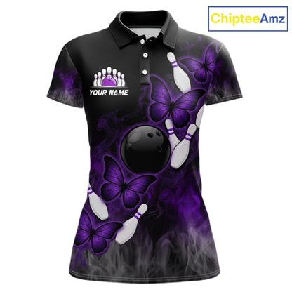 Black And Purple Custom Butterfly Bowling Shirt For Women, Bowling Team Jersey Polo & 1/4 Zip Shirt TDM6180