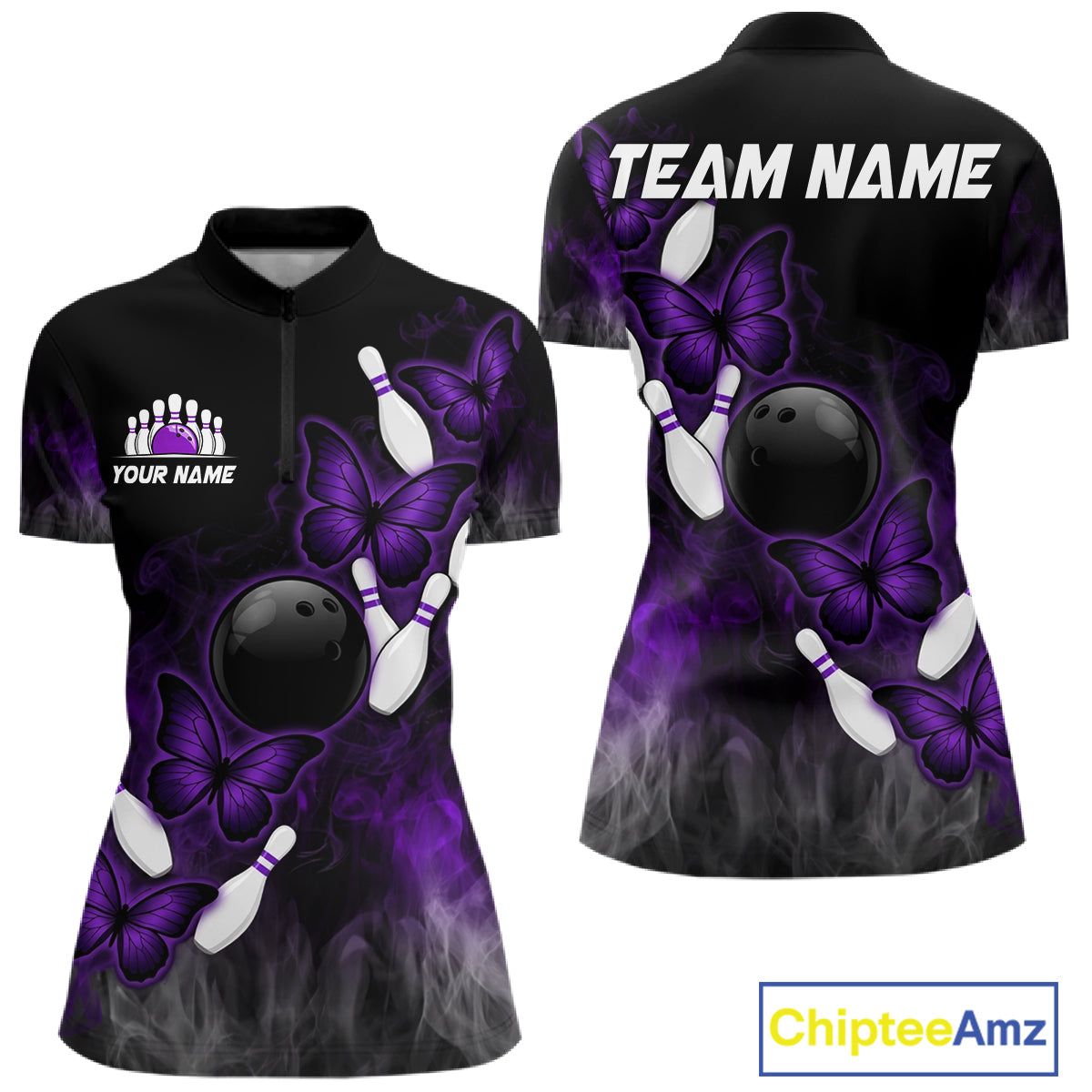 Black And Purple Custom Butterfly Bowling Shirt For Women, Bowling Team Jersey Polo & 1/4 Zip Shirt TDM6180
