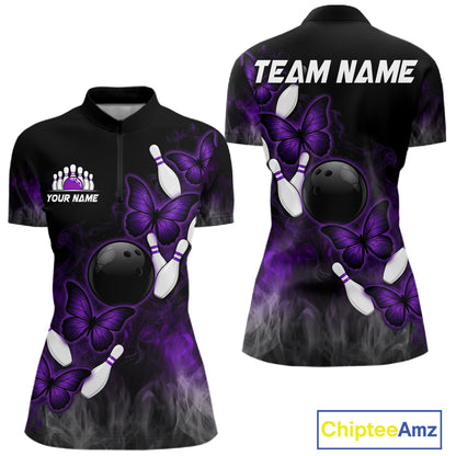 Black And Purple Custom Butterfly Bowling Shirt For Women, Bowling Team Jersey Polo & 1/4 Zip Shirt TDM6180