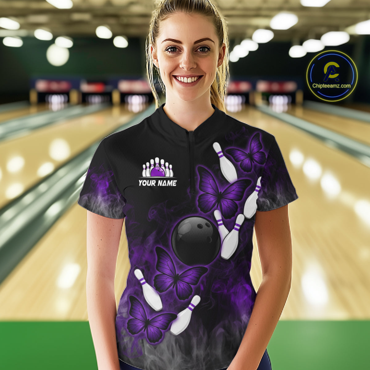 Black And Purple Custom Butterfly Bowling Shirt For Women, Bowling Team Jersey Polo & 1/4 Zip Shirt TDM6180