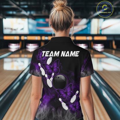 Black And Purple Custom Butterfly Bowling Shirt For Women, Bowling Team Jersey Polo & 1/4 Zip Shirt TDM6180