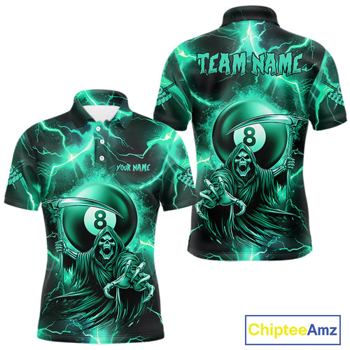 Turquoise Grim Reaper 8 Ball Men's Billiard Shirt Custom Thunder Lightning Pool Team Jersey TDM4872