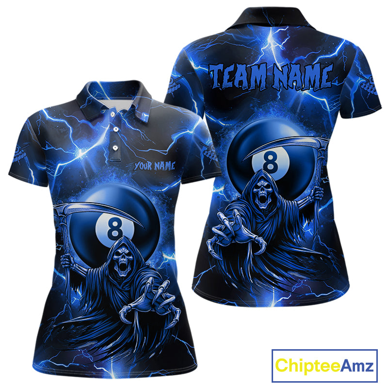 Personalized Blue Grim Reaper 8 Ball Women's Billiard Shirt Custom Thunder Lightning Pool Team Jersey TDM4873