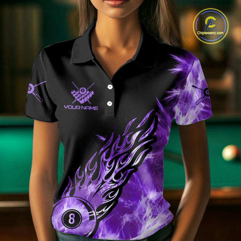 Black And Purple Flaming Icy 8 Ball Pool Billiard Shirt For Women Custom Billiard Team Jersey TDM5809