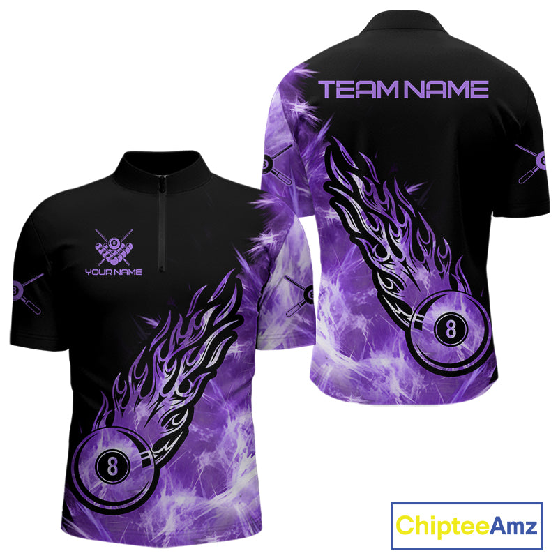 Black And Purple Flaming Icy 8 Ball Pool Billiard Shirt For Men Custom Billiard Team Jersey TDM5809