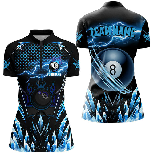 Customized Blue Icy Lightning 8 Ball Pool Women Quarter-Zip Shirt, Billiard Team League Jersey TDM1328