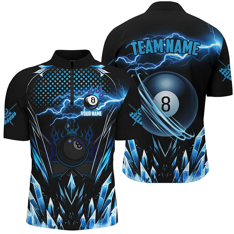 Customized Blue Icy Lightning 8 Ball Pool Men Quarter-Zip Shirt, Billiard Team League Jersey TDM1328