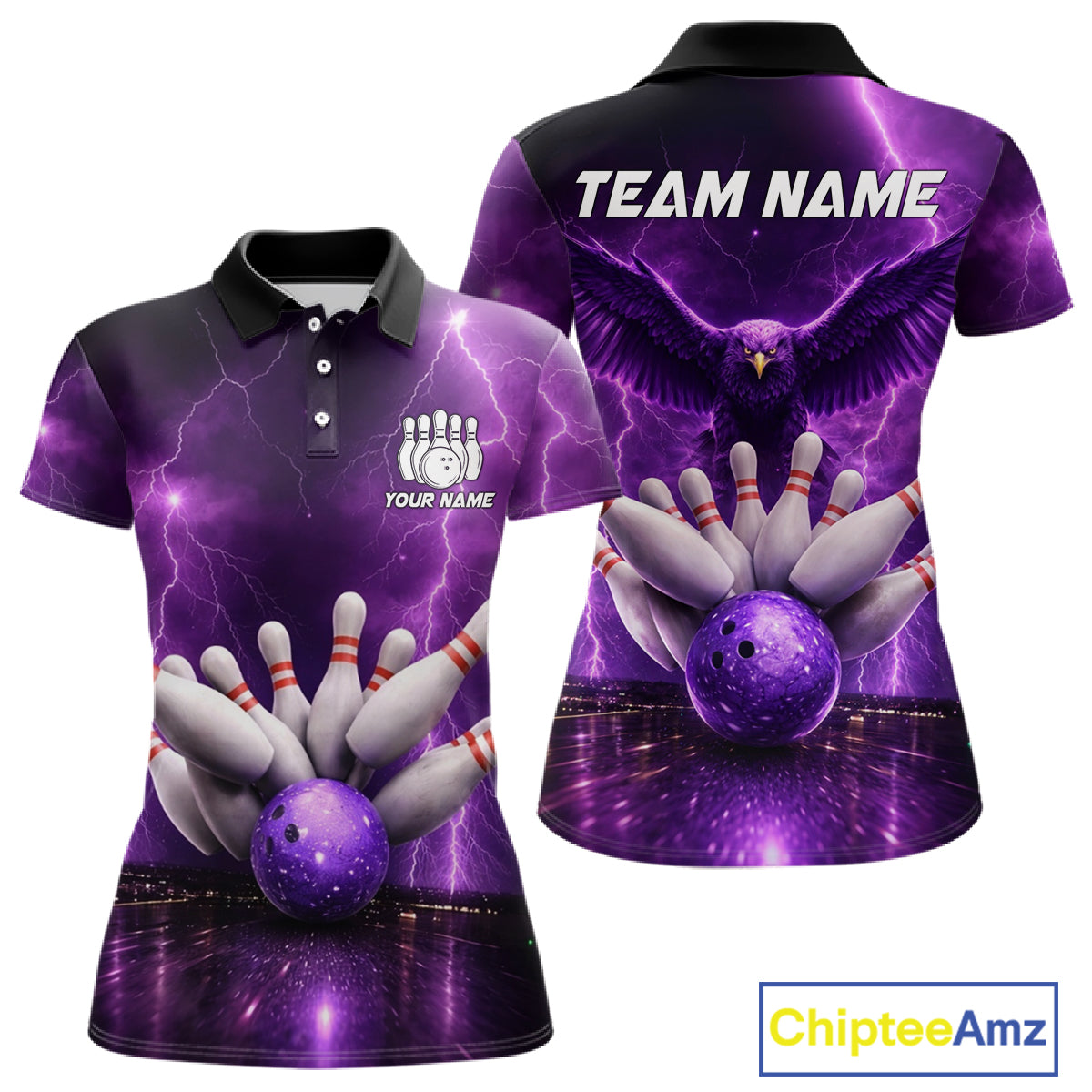 Custom Eagle Thunder Lightning Purple Bowling Shirt For Women, Bowling Team Jersey Polo & 1/4 Zip TDM6188