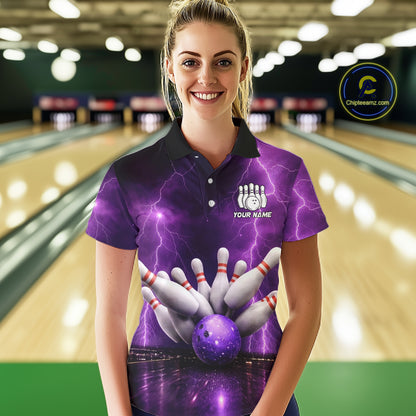 Custom Eagle Thunder Lightning Purple Bowling Shirt For Women, Bowling Team Jersey Polo & 1/4 Zip TDM6188