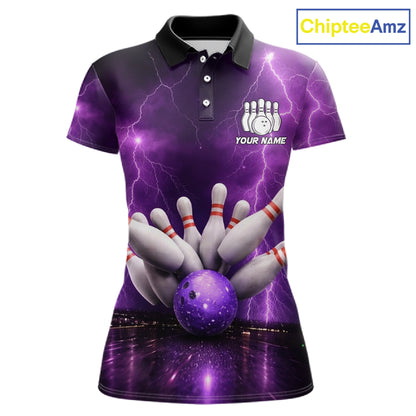 Custom Eagle Thunder Lightning Purple Bowling Shirt For Women, Bowling Team Jersey Polo & 1/4 Zip TDM6188