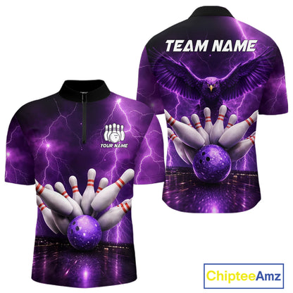 Custom Eagle Thunder Lightning Purple Bowling Shirt For Men, Bowling Team Jersey Polo & 1/4 Zip TDM6188