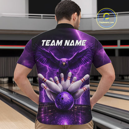 Custom Eagle Thunder Lightning Purple Bowling Shirt For Men, Bowling Team Jersey Polo & 1/4 Zip TDM6188