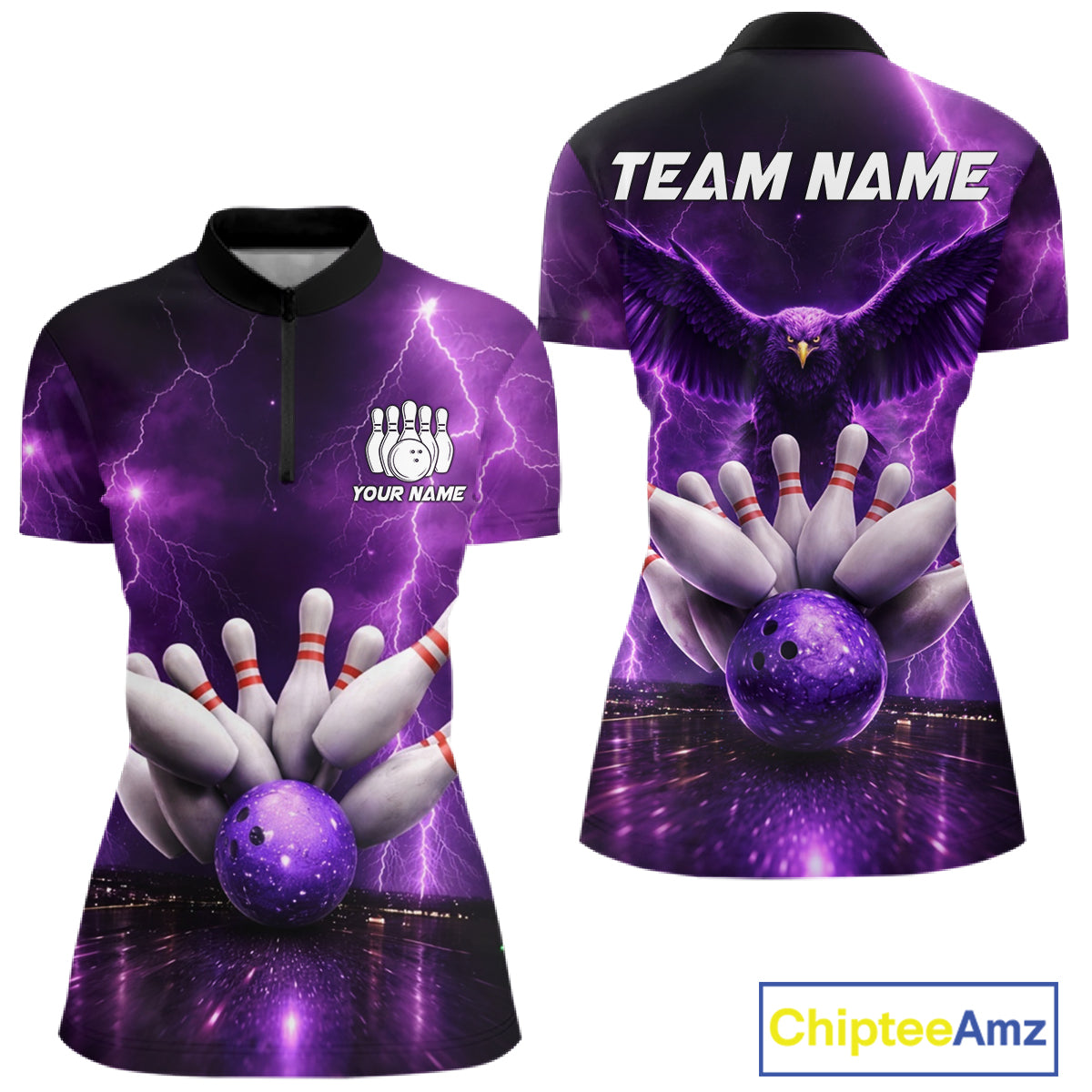 Custom Eagle Thunder Lightning Purple Bowling Shirt For Women, Bowling Team Jersey Polo & 1/4 Zip TDM6188