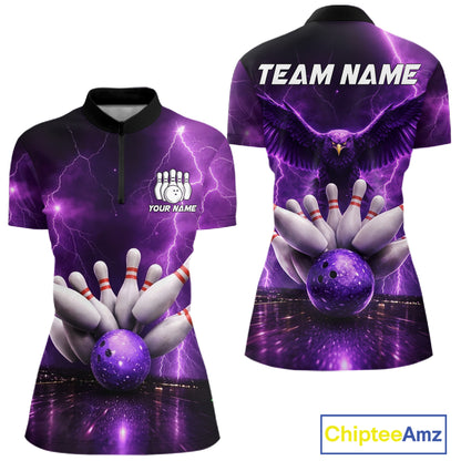 Custom Eagle Thunder Lightning Purple Bowling Shirt For Women, Bowling Team Jersey Polo & 1/4 Zip TDM6188