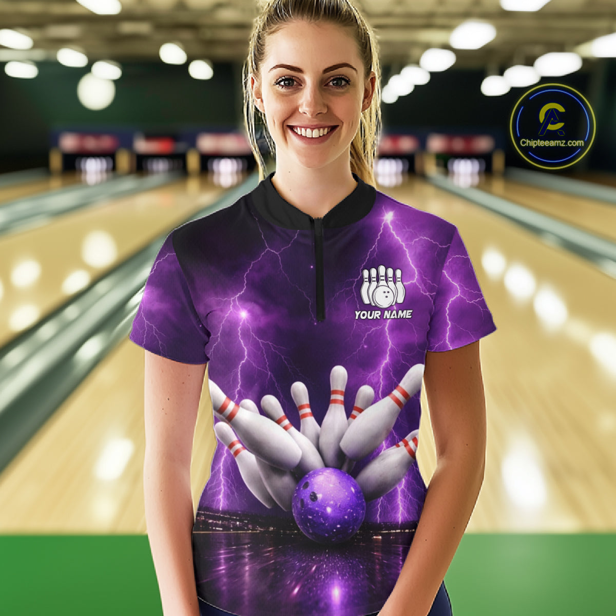 Custom Eagle Thunder Lightning Purple Bowling Shirt For Women, Bowling Team Jersey Polo & 1/4 Zip TDM6188