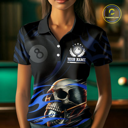 Funny Skull 8 Ball Pool Custom Billiard Polo & Quarter-Zip Shirts For Women, Billiard 8 Ball Jerseys TDM1695
