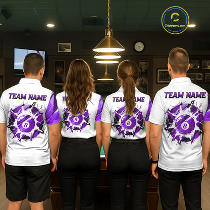 Custom Purple And White 8 Ball Pool Billiard Jersey For Men, Billiard Team Shirts Polo & 1/4 Zip TDM6610