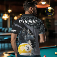 Load image into Gallery viewer, Man wearing a shirt with a wolf and pool ball design, standing in a bar.