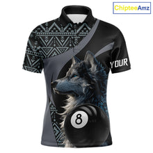 Load image into Gallery viewer, Customizable billiard polo shirt with wolf design and pool ball elements 
