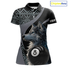 Load image into Gallery viewer, Customizable billiard polo shirt with wolf design and pool ball elements 