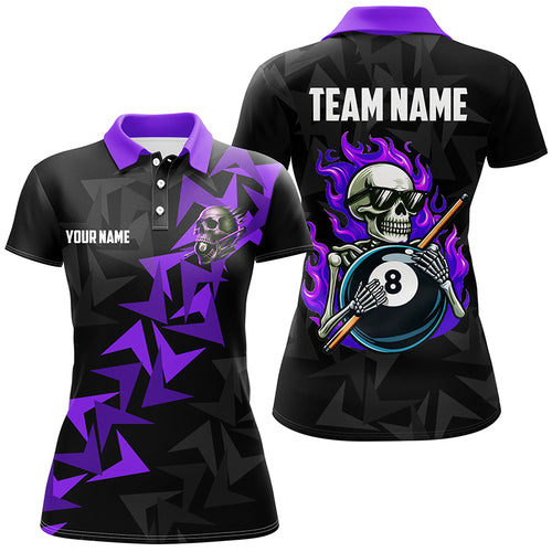 Funny Skeleton With 8 Ball Pool Custom Women Billiard Shirts, Cool Purple Billiard Jerseys Shirts TDM1903