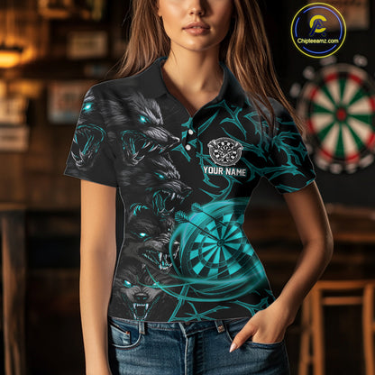 Personalized Wolf Dart Shirts For Women Custom Lights Dartboard Darts Team Jerseys |Turquoise TDM4670