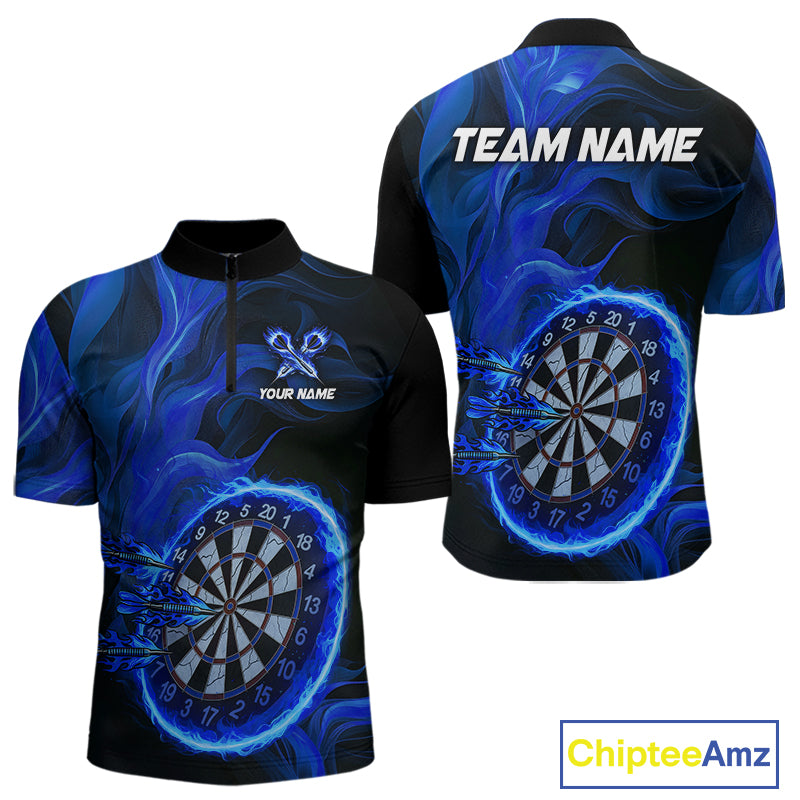 Blue Flaming Dartboard Shirt For Men Custom Fire Darts Jersey Polo & Quarter Zip Team Uniform TDM4676