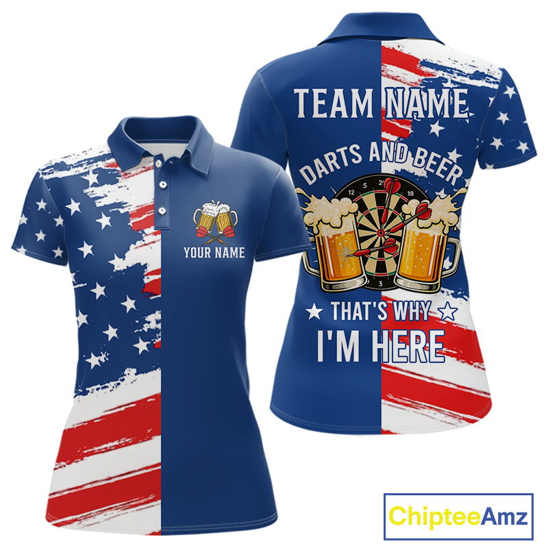 Darts And Beer That's Why I'm Here Funny Dart Shirt For Women Custom Patriotic US Flag Dart Jersey TDM4888