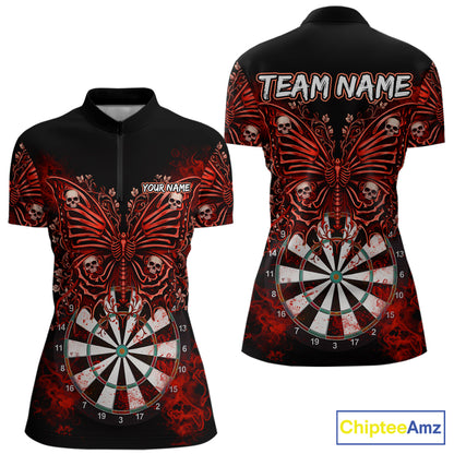 Red Dartboard Butterfly Skull Darts Shirt For Women Custom Darts League Team Jersey Polo & 1/4 Zip TDM5583