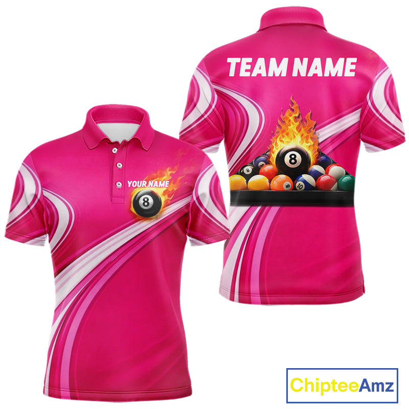 Personalized Pink Billiard Jersey For Men Custom Flame 8 Ball Pool Billiard Shirt Polo & 1/4 Zip TDM5814