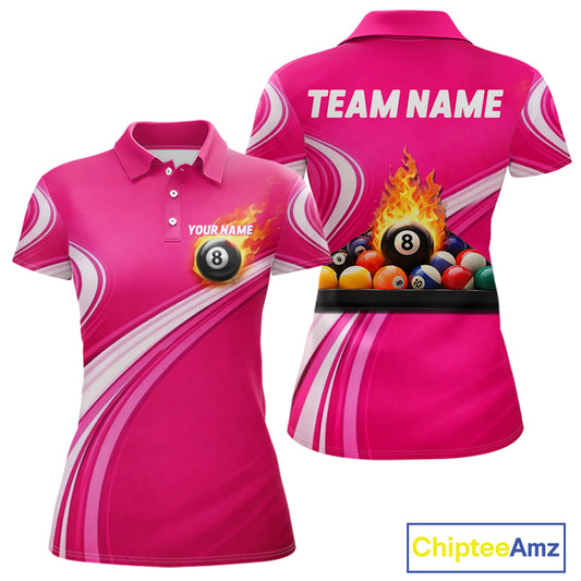 Personalized Pink Billiard Jersey For Women Custom Flame 8 Ball Pool Billiard Shirt Polo & 1/4 Zip TDM5814
