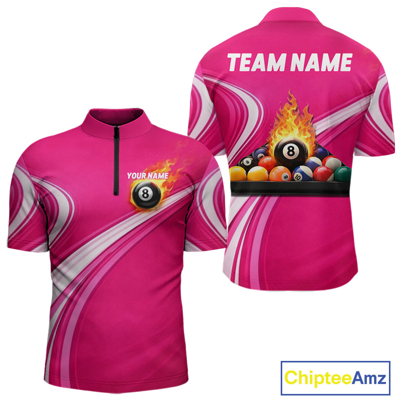 Personalized Pink Billiard Jersey For Men Custom Flame 8 Ball Pool Billiard Shirt Polo & 1/4 Zip TDM5814