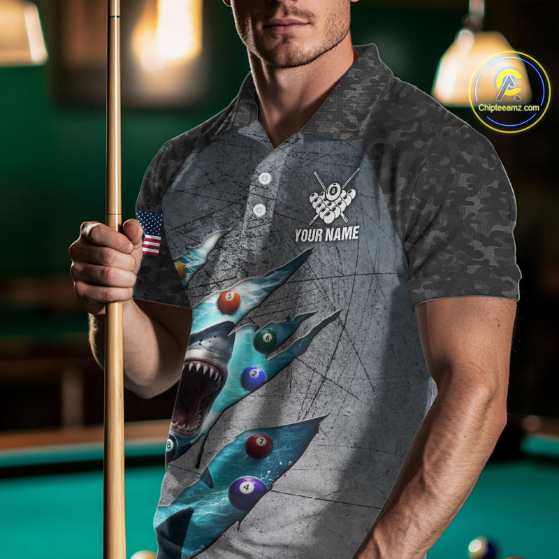 Personalized Funny Shark Billiard Shirt For Men, 8 Ball Pool Team Jersey Polo & 1/4 Zip Shirt TDM6202