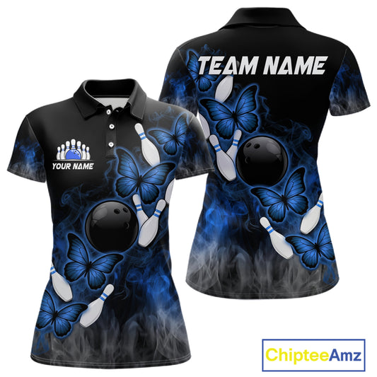 Black And Blue Custom Butterfly Bowling Shirt For Women, Smoke Bowling Team Jersey Polo & 1/4 Zip TDM6424