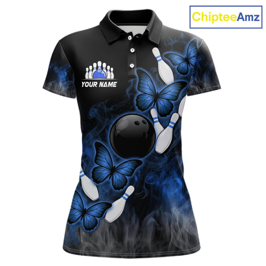 Black And Blue Custom Butterfly Bowling Shirt For Women, Smoke Bowling Team Jersey Polo & 1/4 Zip TDM6424