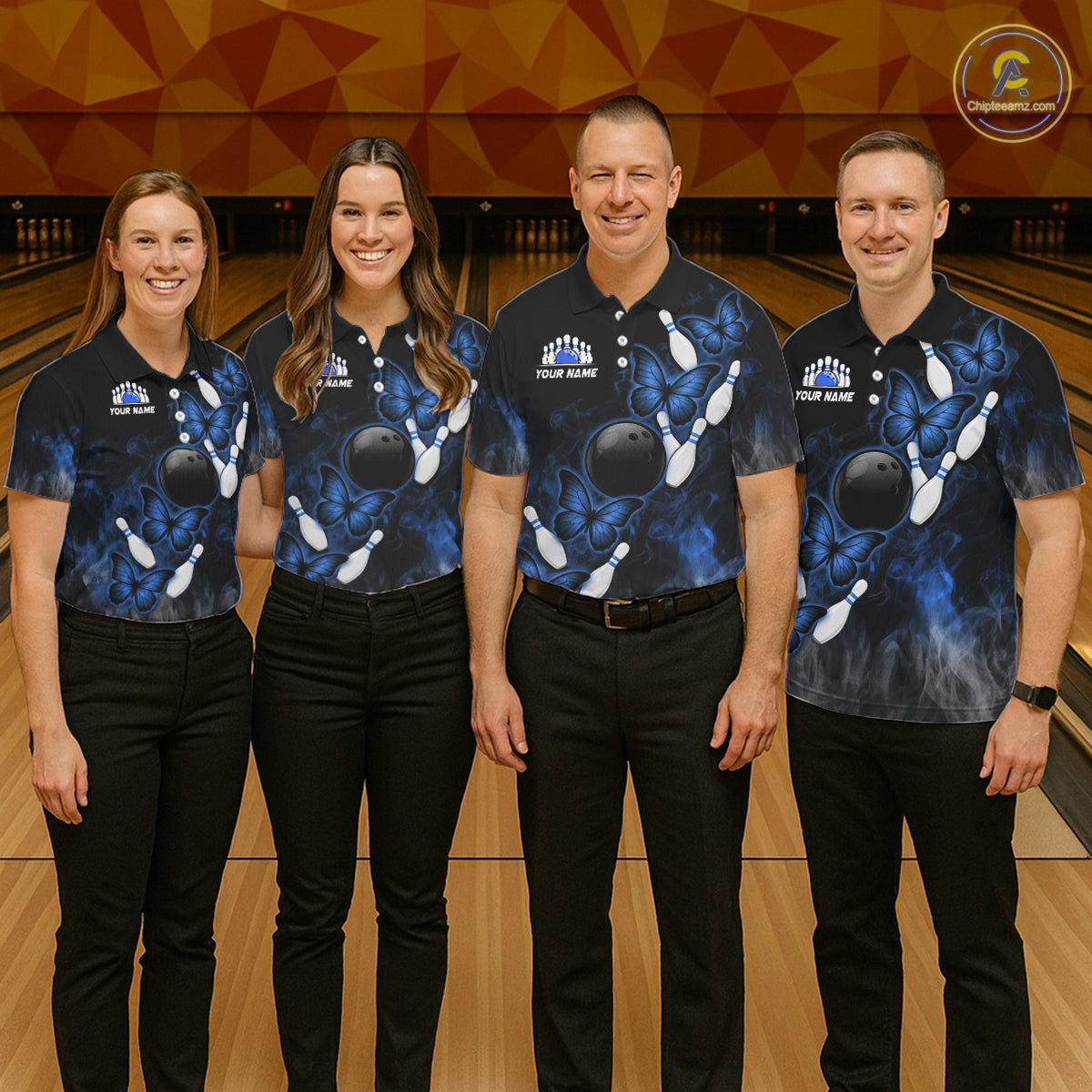 Black And Blue Custom Butterfly Bowling Shirt For Women, Smoke Bowling Team Jersey Polo & 1/4 Zip TDM6424