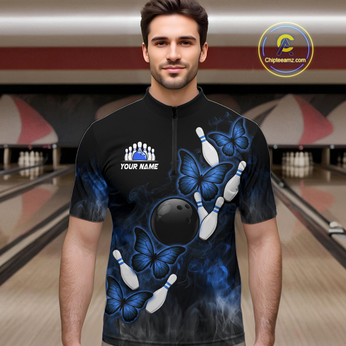 Black And Blue Custom Butterfly Bowling Shirt For Men, Smoke Bowling Team Jersey Polo & 1/4 Zip TDM6424