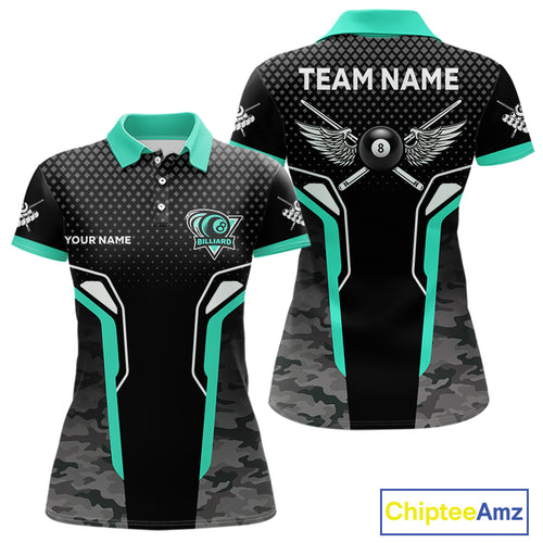 Black & Turquoise 8 Ball Pool Wings Custom Camo Billiard Shirt For Women, Billiard Team Jersey TDM4440