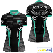 Load image into Gallery viewer, Black &amp; Turquoise 8 Ball Pool Wings Custom Camo Billiard Shirt For Women, Billiard Team Jersey TDM4440