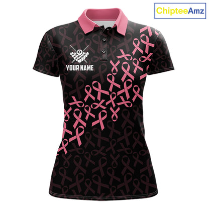 Pink Ribbons Breast Cancer Awareness Billiard Polo Shirt Featuring US Flag Inspired Artwork for Pool League Players, Team Competition, and Awareness Events