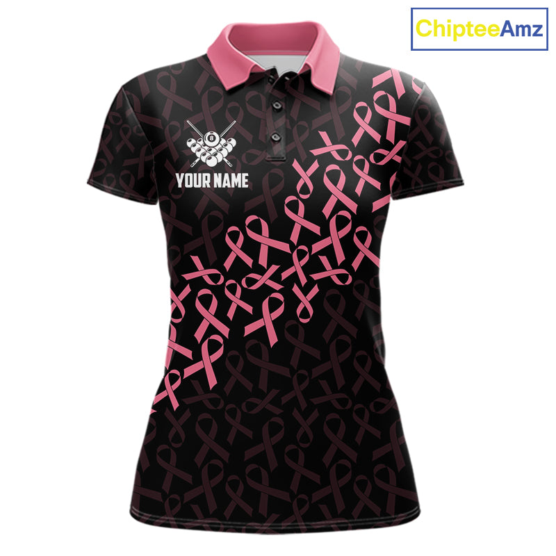 Pink Ribbons US Flag 8 Ball Breast Cancer Awareness Billiard Polo Shirt Featuring Patriotic American Flag Artwork for Pool League Players and Awareness Events