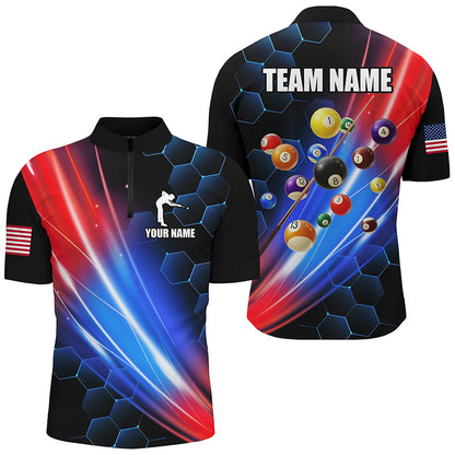 Glowing Red & Blue Custom Billiard Polo, 1/4 Zip Shirt For Men, Billiard Balls Team League Jerseys TDM2364