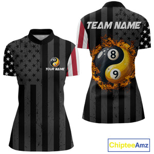 Black US Flag Yin-Yang 8 Ball & 9 Ball Custom Billiard Shirts For Women Funny Billiard Jerseys TDM4683