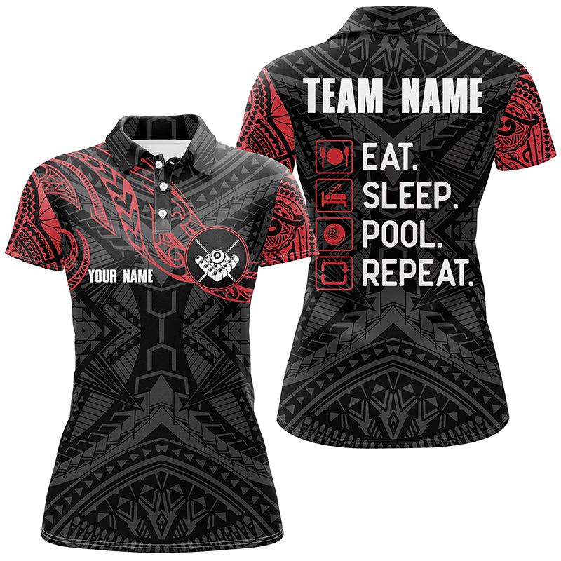 Billiard Black Red Tribal Pattern Custom Name Polo Shirts For Women, Custom Funny Billiard Shirts TDM0233