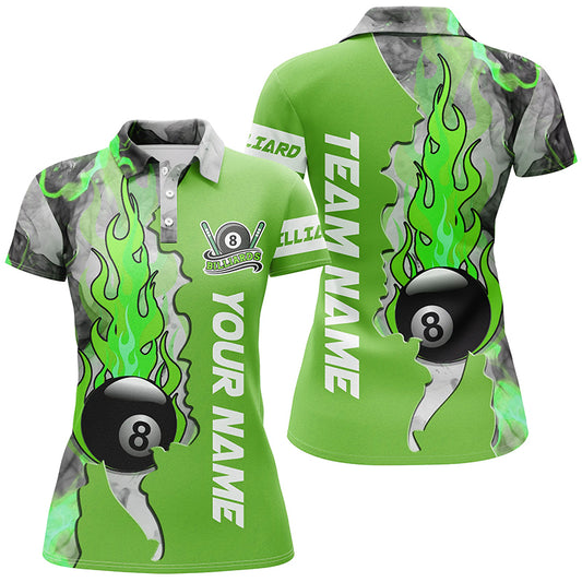 Personalized 8 Ball Fire Smoke Billiard Women's Shirts Green Version Custom Pool Team Polo Shirts TDM0442