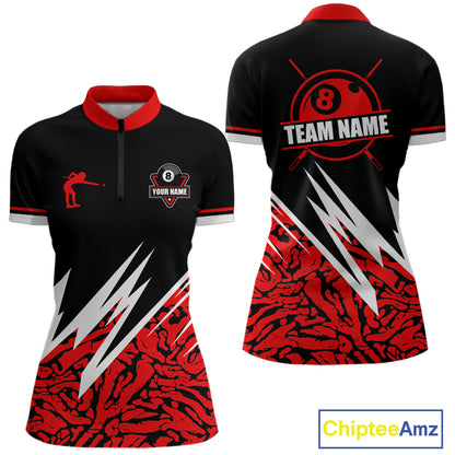 Personalized 8 Ball Billiard Jersey For Women Custom Black And Red Pool Team Shirt Polo & 1/4 Zip TDM5108